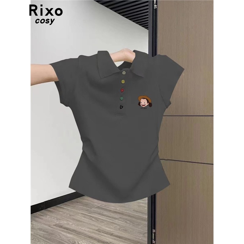 Rixo Cosy欧货POLO领短袖T恤女彩色钮扣褶皱收腰褶皱修身气质上衣