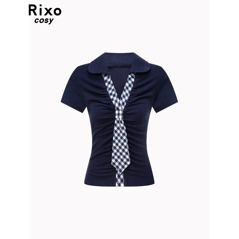 Rixo Cosy格纹假领带褶皱V领T恤女夏季新款修身收腰显瘦百搭上衣