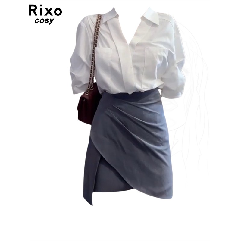 Rixo Cosy高级感法式气质白色V领大尺码衬衫女不规则西装半身裙套