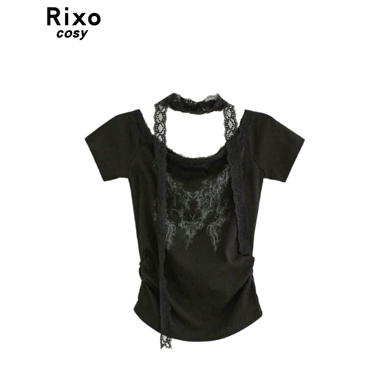 RIXO COSY纯欲甜辣短款收褶印花蕾丝花边围脖短袖T恤上衣女夏装款
