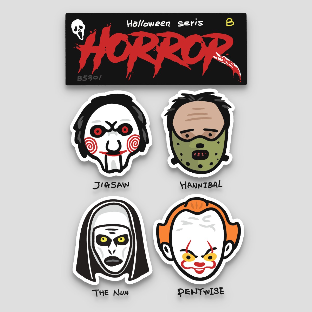 B5301万圣节恐怖片怪物头盔装饰防水电动车电脑纸旅行箱转印贴