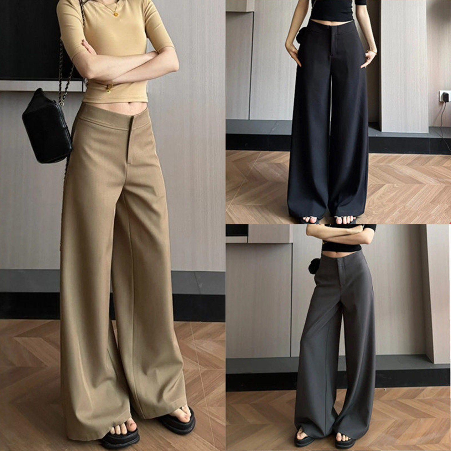 卡其色阔腿裤女裤子2026新款春秋高级感垂感窄版直筒裤宽松西装