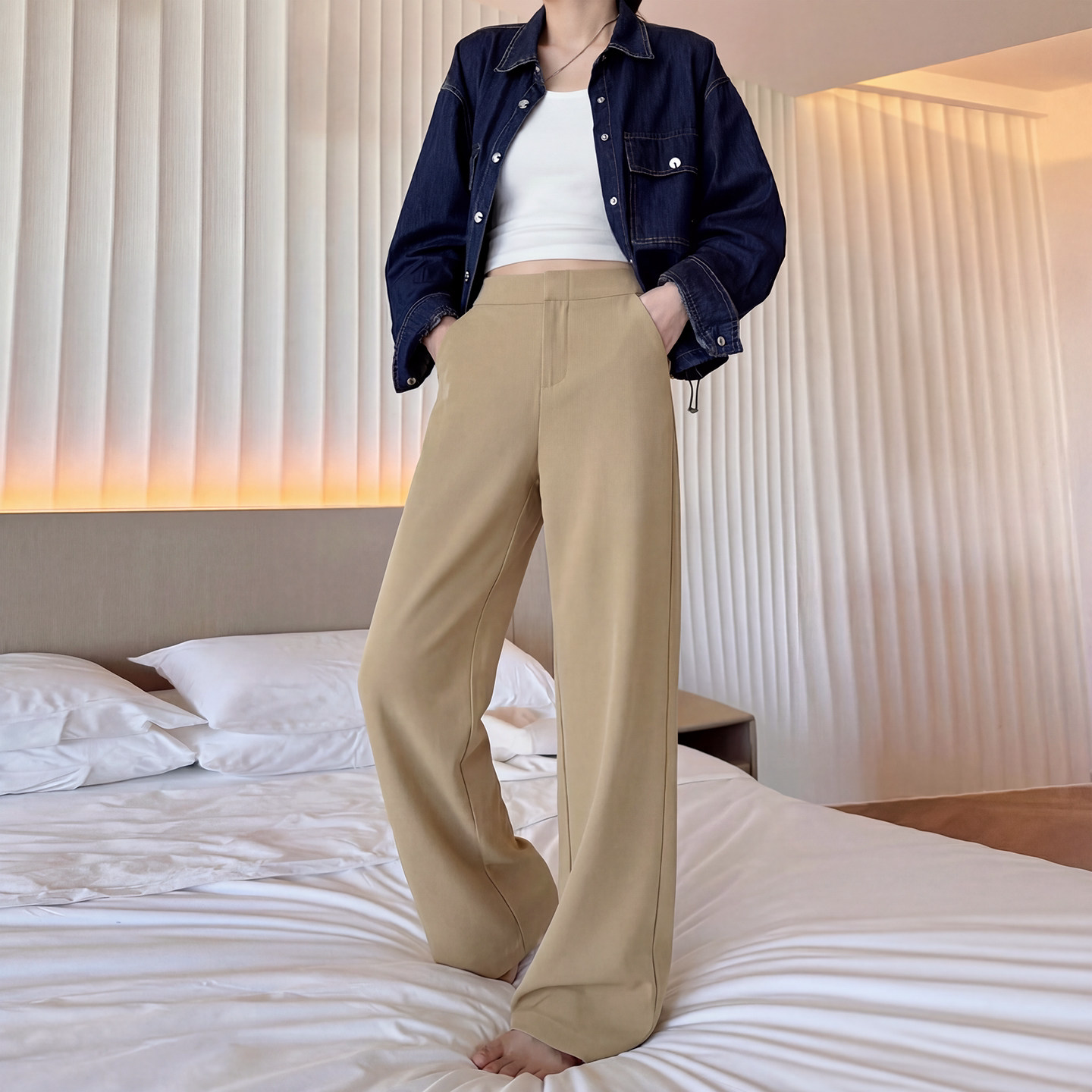 卡其色西装阔腿裤女2026新款春秋老钱风垂感加长高个子窄版直筒