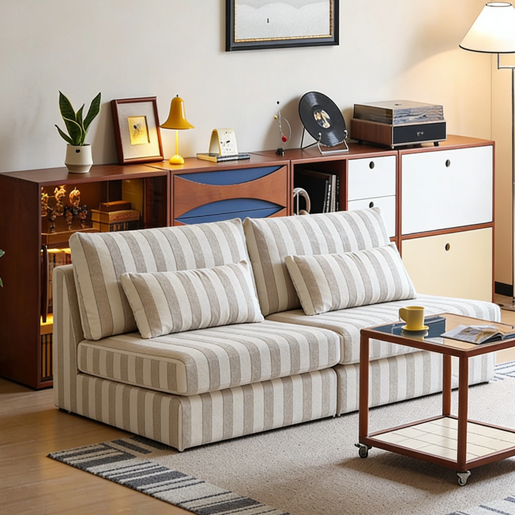 畔所/杏色条纹法式侘寂风模块布艺沙发中古设计师小户型单人沙发,住宅家具,布艺沙发,淘宝优惠券,粉丝福利购,淘宝优惠卷