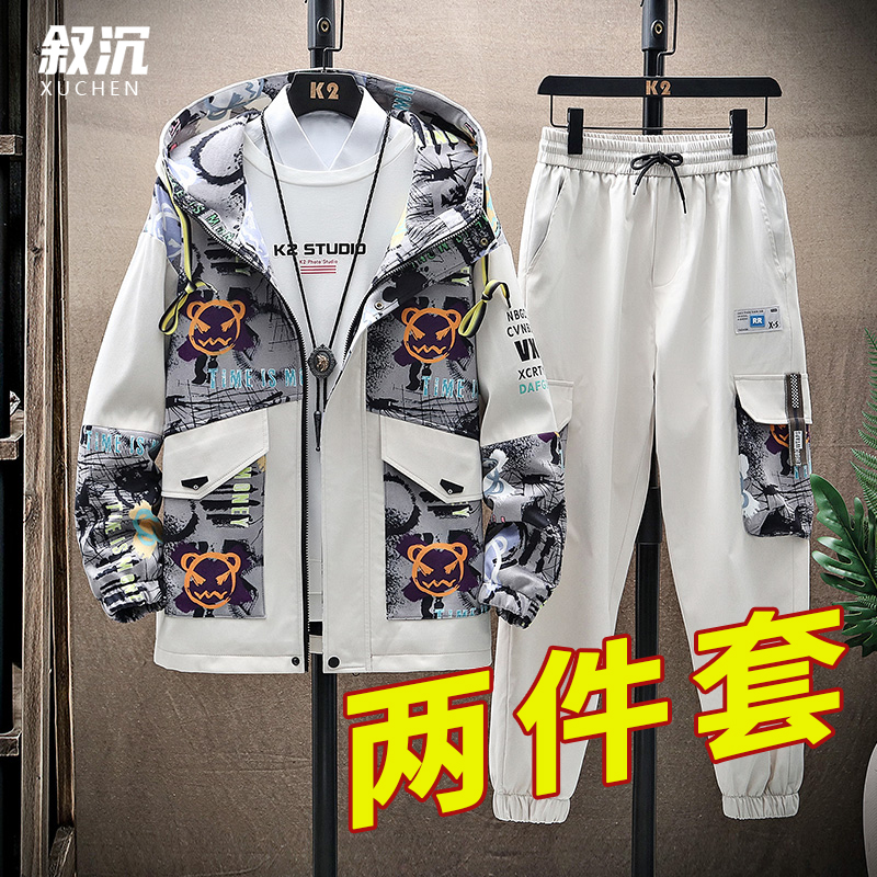 2023新款休闲套装春秋季男装初中生潮流K工装夹克帅气搭配一套衣