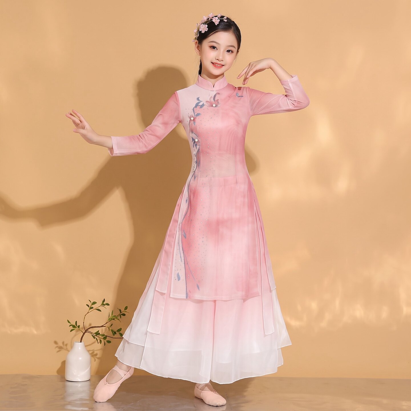 儿童古典舞演出服女渐变身韵纱衣旗袍立领粉色练功服中国舞蹈服装图片
