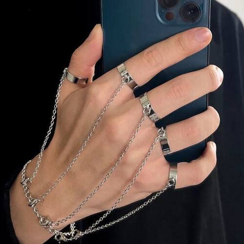 Modyle Punk Geometric Silver Color Chain Wrist Rings For