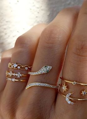 2024Fashion Gold Color Snake Zircon Rings Set For Women Boho