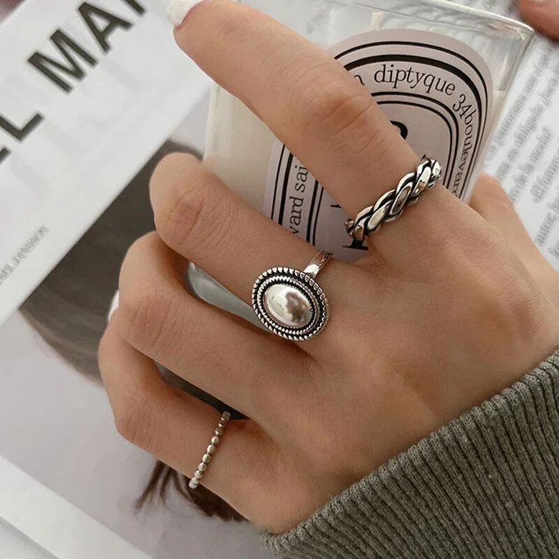 Fashion Heart Rings Set Silver Color Black Alloy Hollow