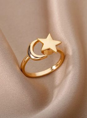 Fashion Moon Star Rings For Women Stainless Steel Gold