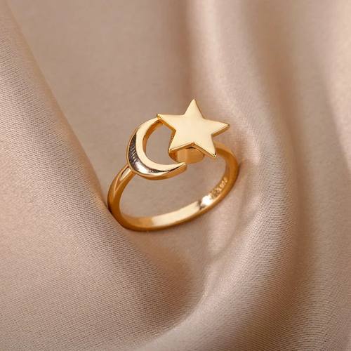 Fashion Moon Star Rings For Women Stainless Steel Gold