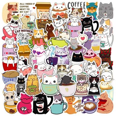50pcs Cat In The Cup Stickers Pack Waterproof Phone Case