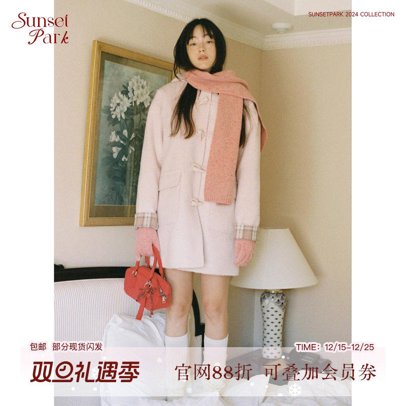 SunsetPark日落公园 粉色格纹拼接牛角扣大衣春季呢大衣女装外套