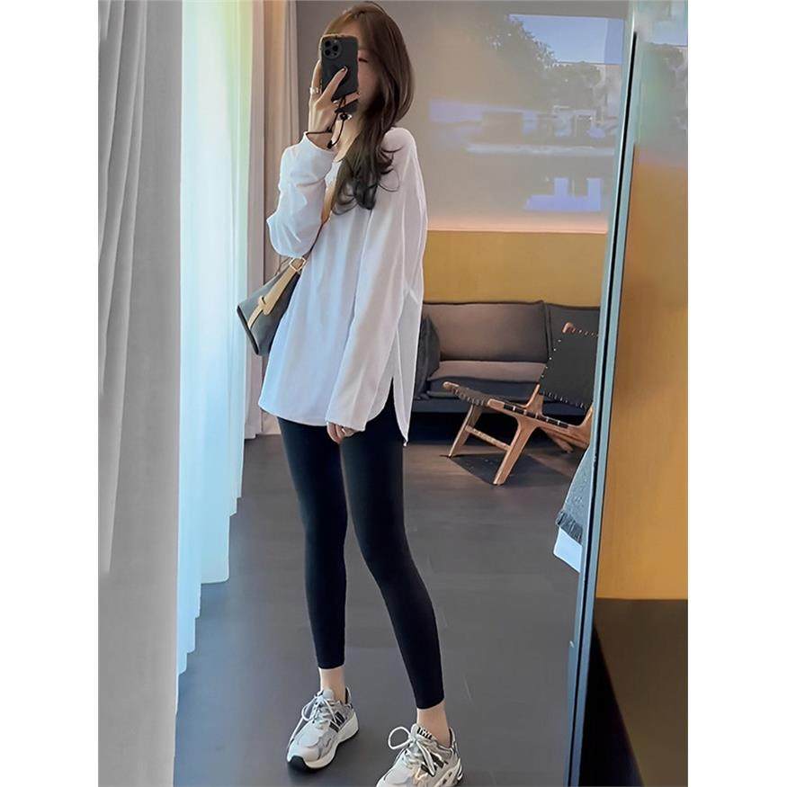 中长款纯棉圆领长袖T恤女夏季薄款宽松遮屁股上衣白色开叉打底衫