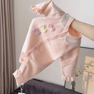 蝴蝶结婴幼儿春秋连体衣满月周岁爬服萌男女孩宝宝连身爬爬服针织