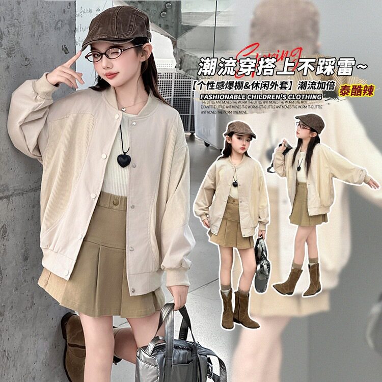 美式慵懒休闲复古宽松纯色百搭立领夹克灯芯绒外套拼接学院棒球服