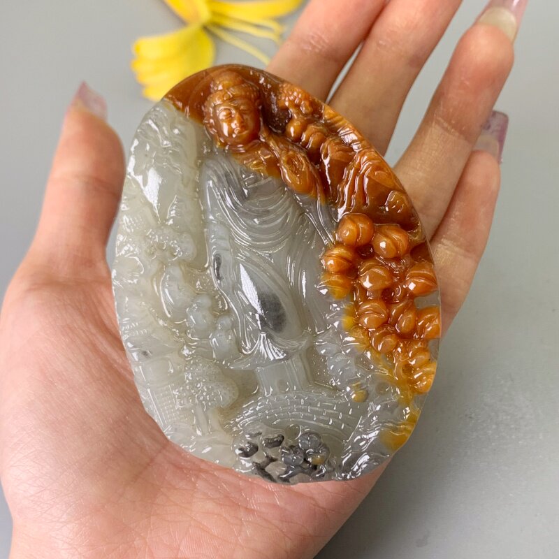 精雕大日如来手把牌鸿运护身天然黄龙玉牌子手把件【行家金沙料】