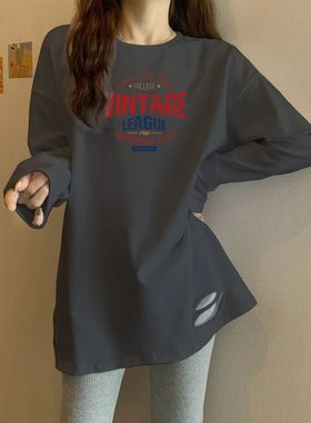 灰色纯棉长款T恤宽松遮肉打底衫女内搭洋气简约长袖休闲百搭上衣