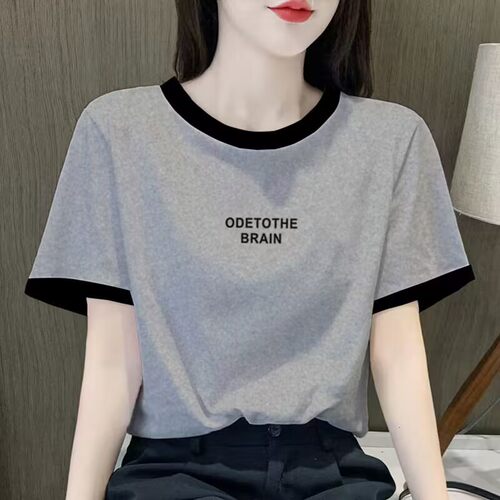 学生撞色纯棉短袖t恤女夏季新款宽松显瘦正肩拼接休闲大码上衣潮