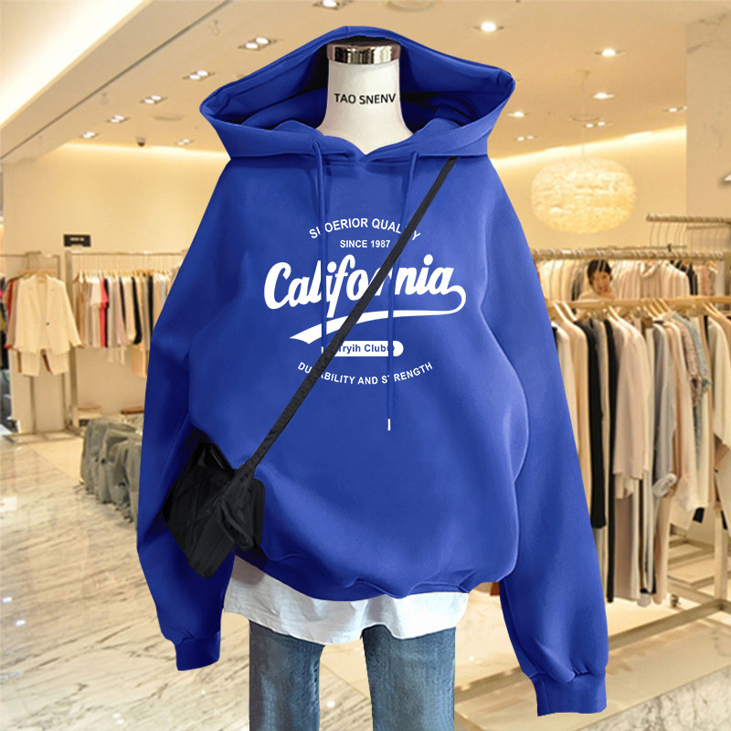 高街克莱因蓝大码薄款连帽卫衣纯棉ins潮oversize加绒加厚外套女