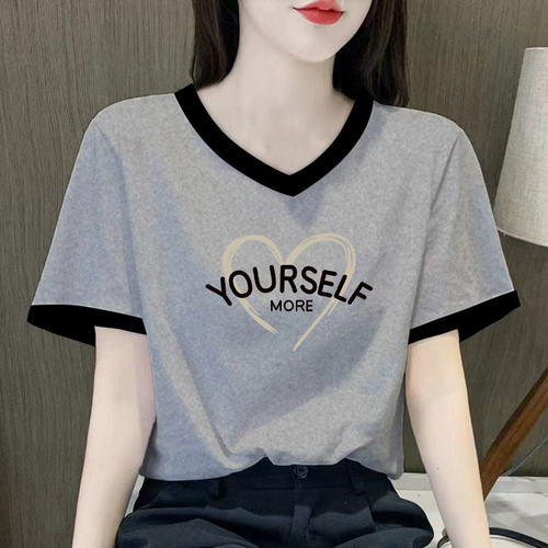 拼接撞色鸡心领纯棉短袖t恤女2026夏装新款设计感宽松灰色上衣