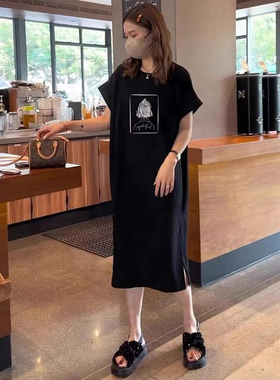 黑色短袖t恤开叉连衣裙女夏季中长款过膝长裙子大码减龄纯棉衣服