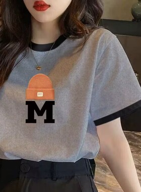 纯棉灰色短袖上衣夏季女装新款字母宽松t恤女撞色圆领半袖打底衫