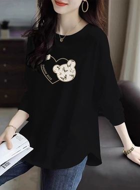 黑色长袖t恤女春秋新款宽松显瘦纯棉弧形下摆中长款不规则上衣潮