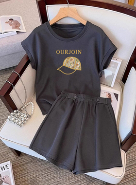 深灰色套装女夏季2025年新款大码女装欧货时尚t恤短裤纯棉两件套