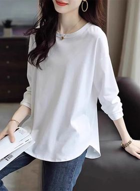 白色中长款纯棉长袖t恤女宽松显瘦纯色下摆弧形设计感遮屁股上衣