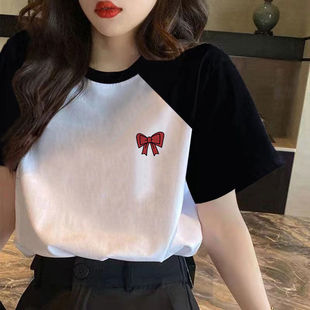 纯棉新款夏季黑白撞色圆领胖MM短袖T恤女宽松显瘦洋气学生上衣潮