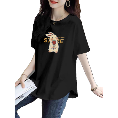 纯棉中长款遮屁股打底衫弧形下摆宽松上衣不规则卡通短袖T恤夏季