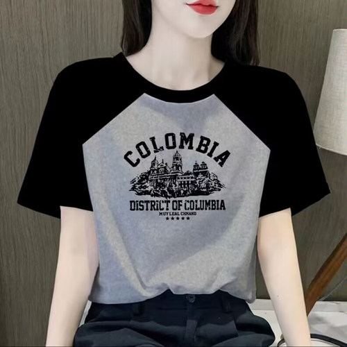欧货短袖t恤女夏季新款学生印花洋气撞色宽松大码纯棉体恤上衣潮