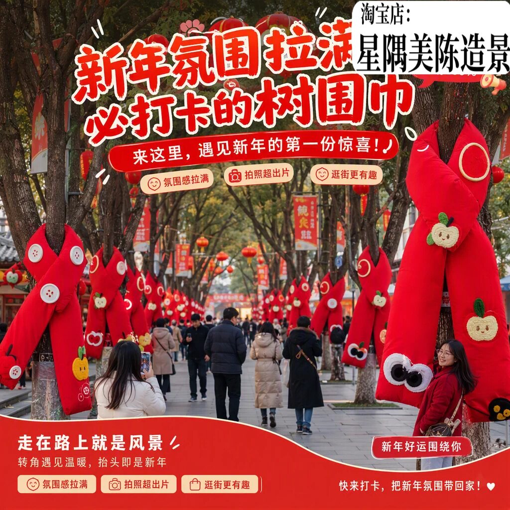 新年氛围户外大树网红打卡围巾图片