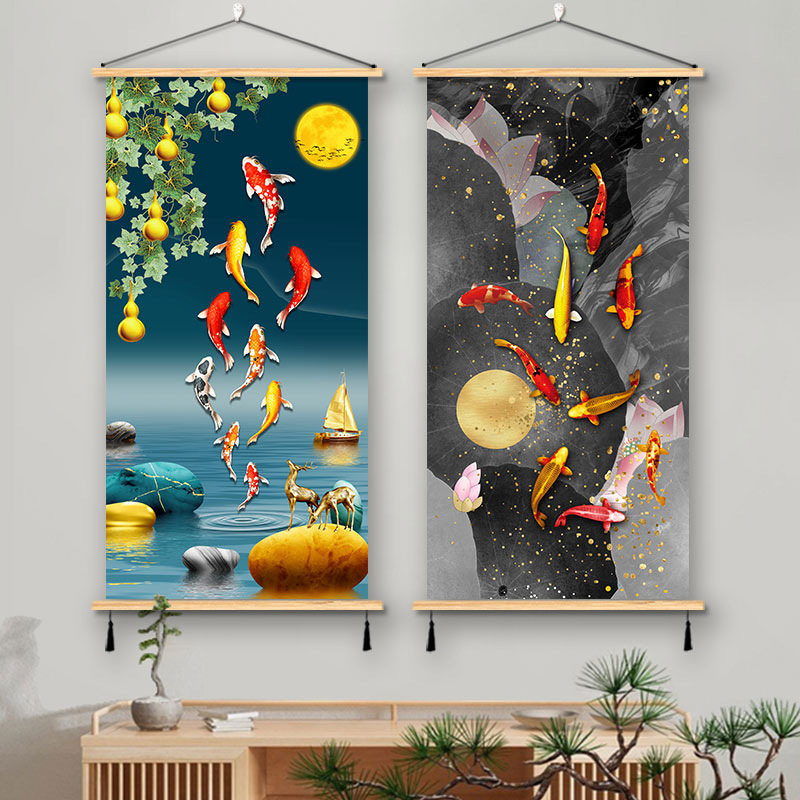 新中式九鱼轻奢风景实木挂画入户玄关布艺装饰画客厅免打孔墙壁画图片