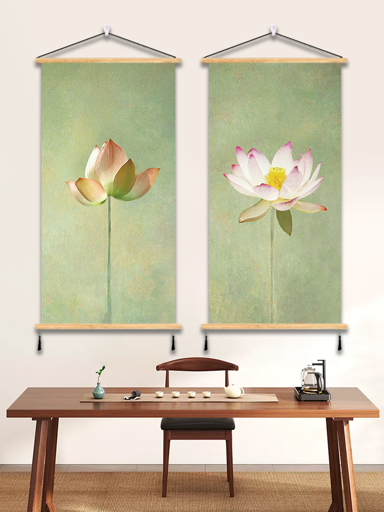 中式荷花挂画荷叶莲花装饰画国画玄关民宿办公室书房背景墙免打孔