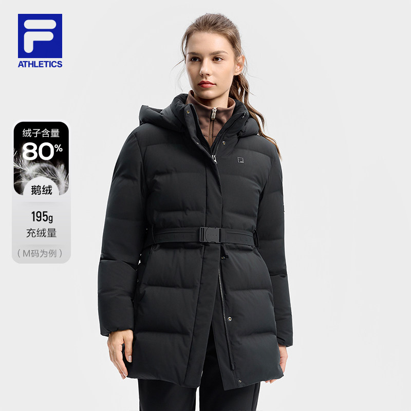 FILA 斐乐官方女士中长款羽绒服2025冬新款健身运动保暖连帽外套