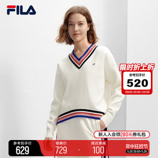 斐乐官方女士针织衫 FILA 2024春新款 时尚 休闲下摆流苏舒适V领毛衣