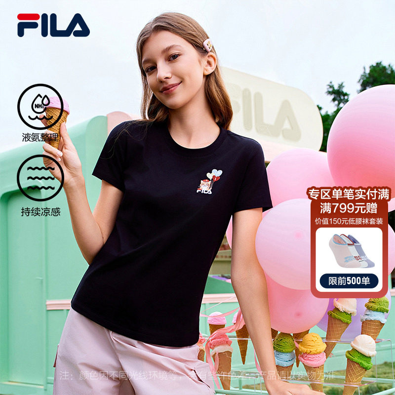 FILA 斐乐官方女子针织短袖衫2026春新款时尚休闲小猫刺绣圆领T恤,运动服/休闲服装,运动T恤,淘宝优惠券,粉丝福利购,淘宝优惠卷