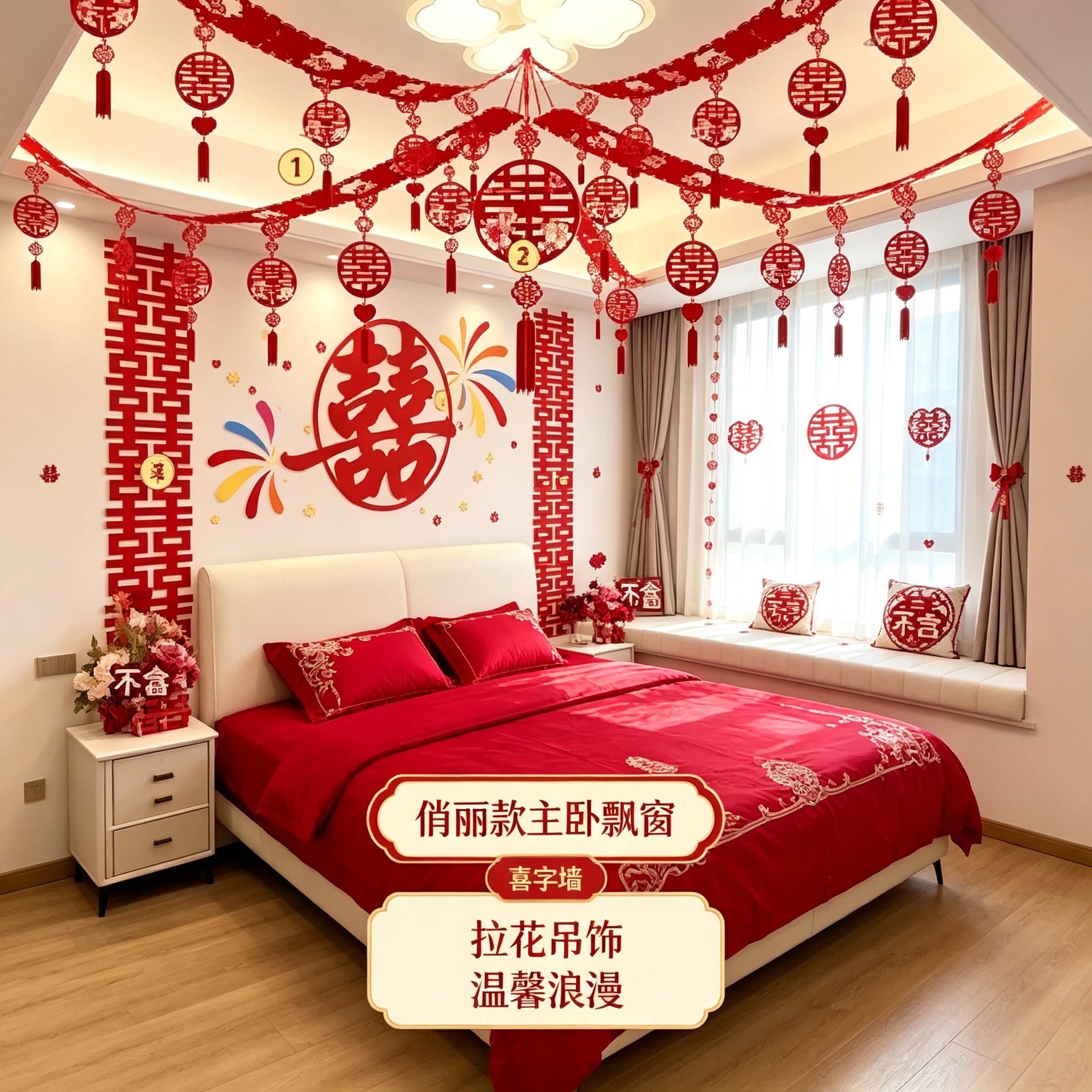 结婚婚房卧室床头喜字背景墙温馨男女方吊顶拉花浪漫喜庆套