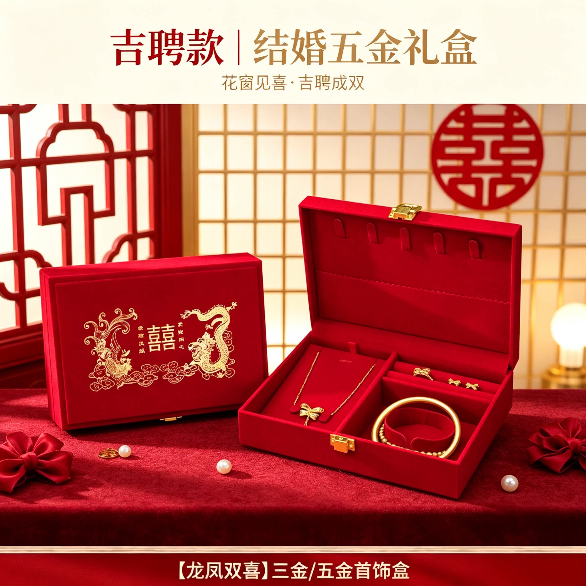 酒红黄金首饰盒开合方便男方金器订婚结婚彩礼钱盒子婚礼五金盒