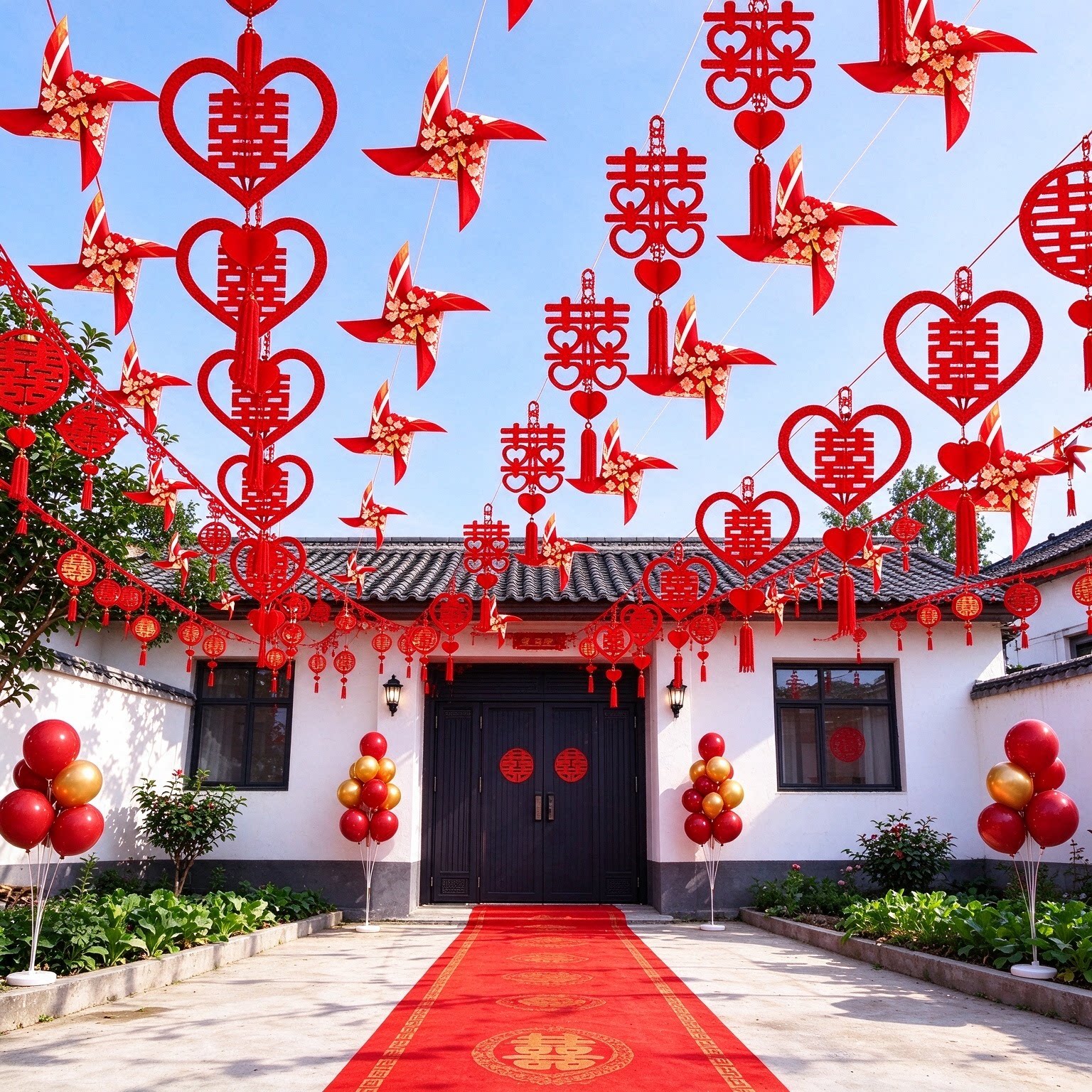 结婚彩带拉花新郎家农村院子桃心喜挂件氛围感婚庆布置装饰用品