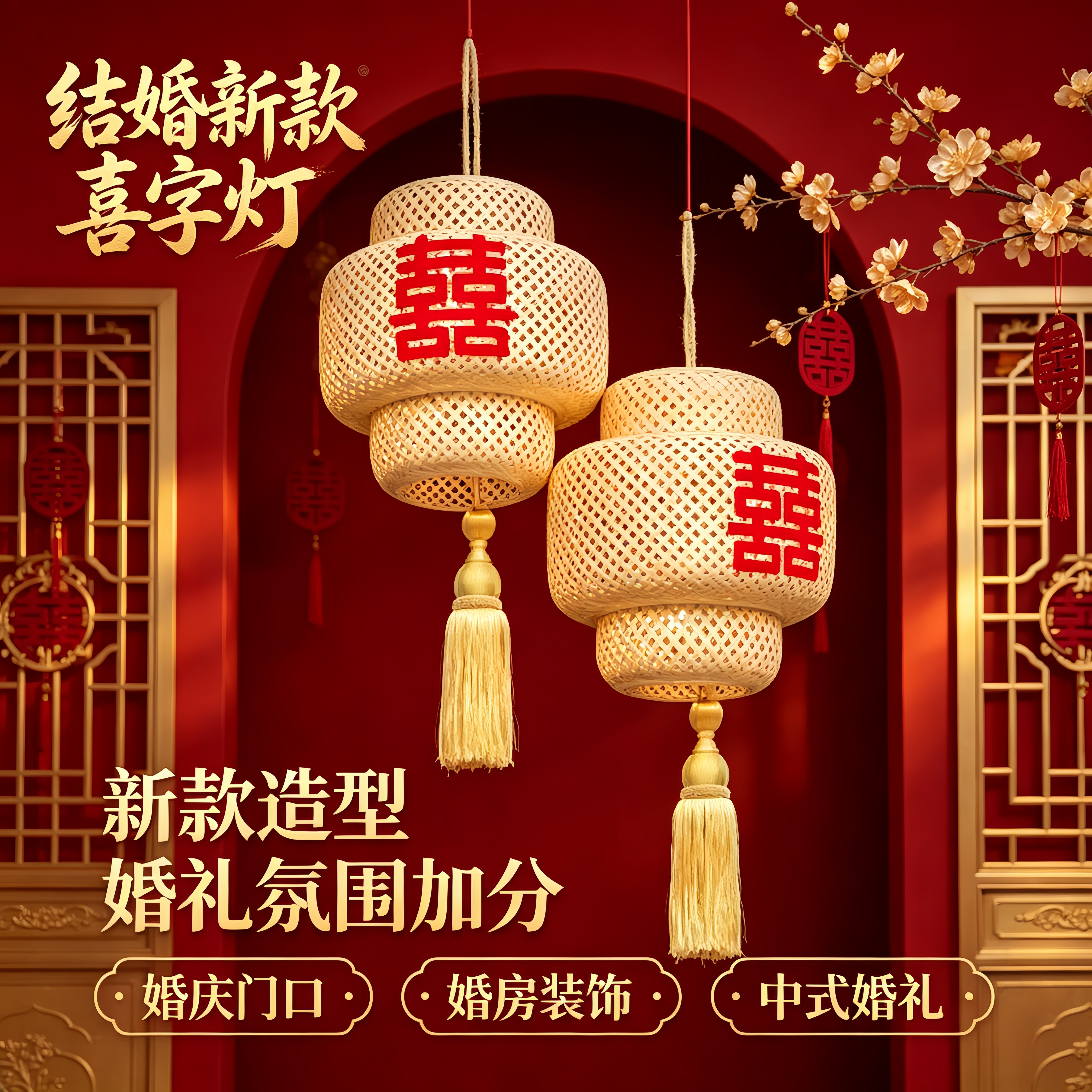 结婚新款灯笼禅意喜字竹编灯笼灯图片