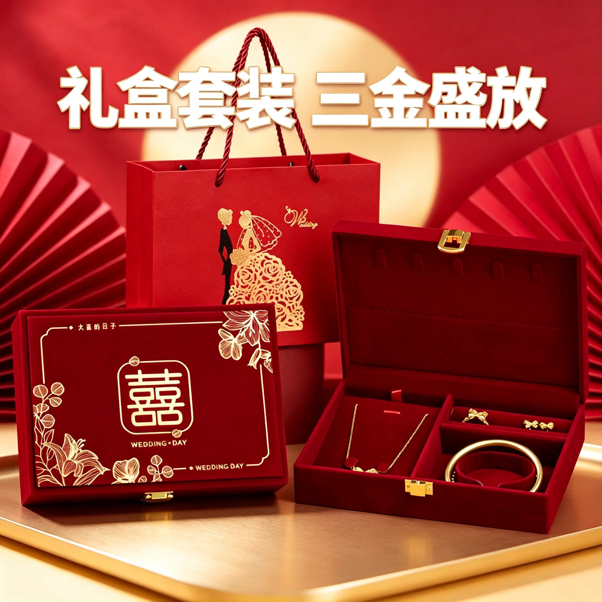 结婚黄金首饰盒放五金男方金器订婚彩礼钱盒子酒红质感三金盒