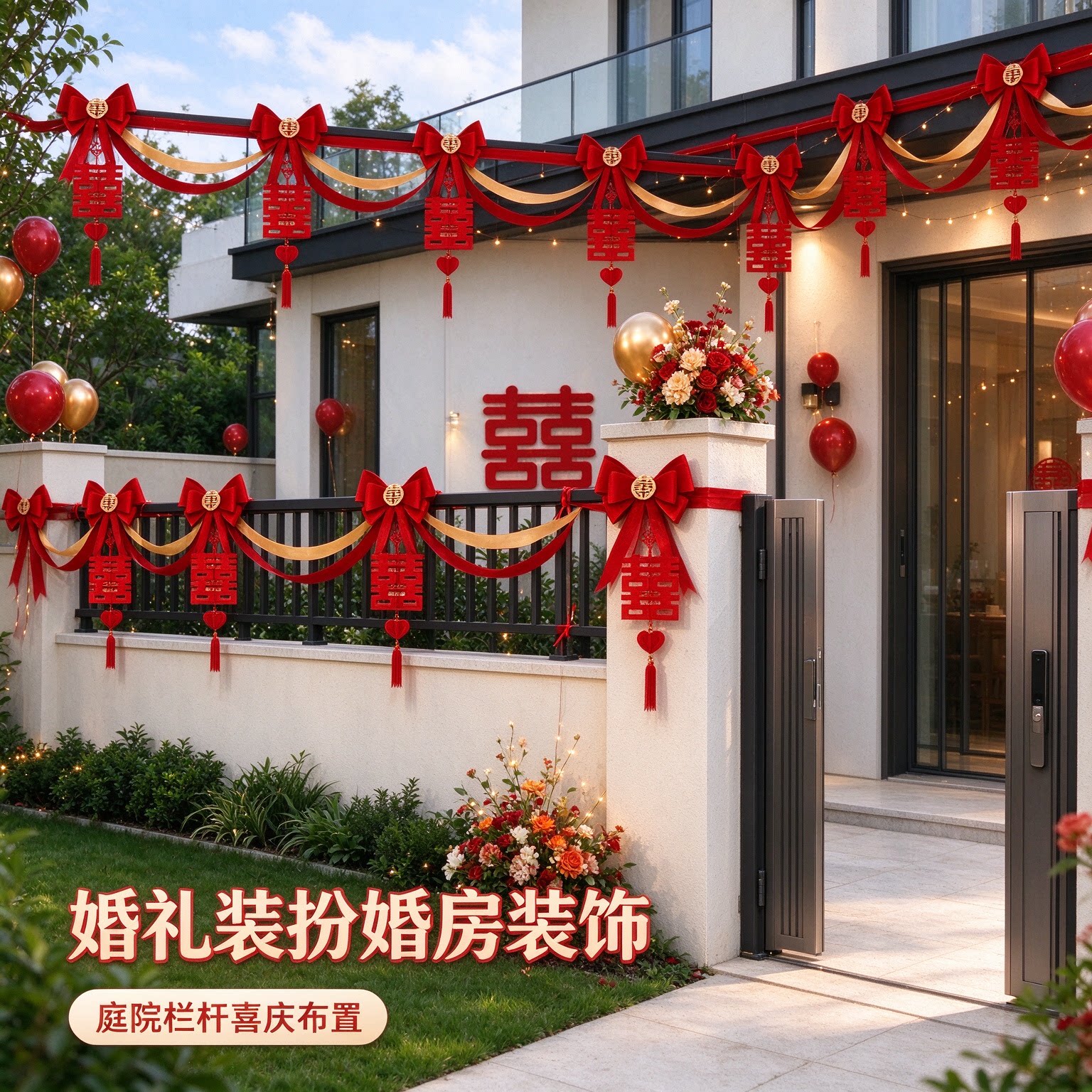 拉花彩带男方大门口喜字氛围感波浪沙发背景墙婚礼装扮婚房装饰品