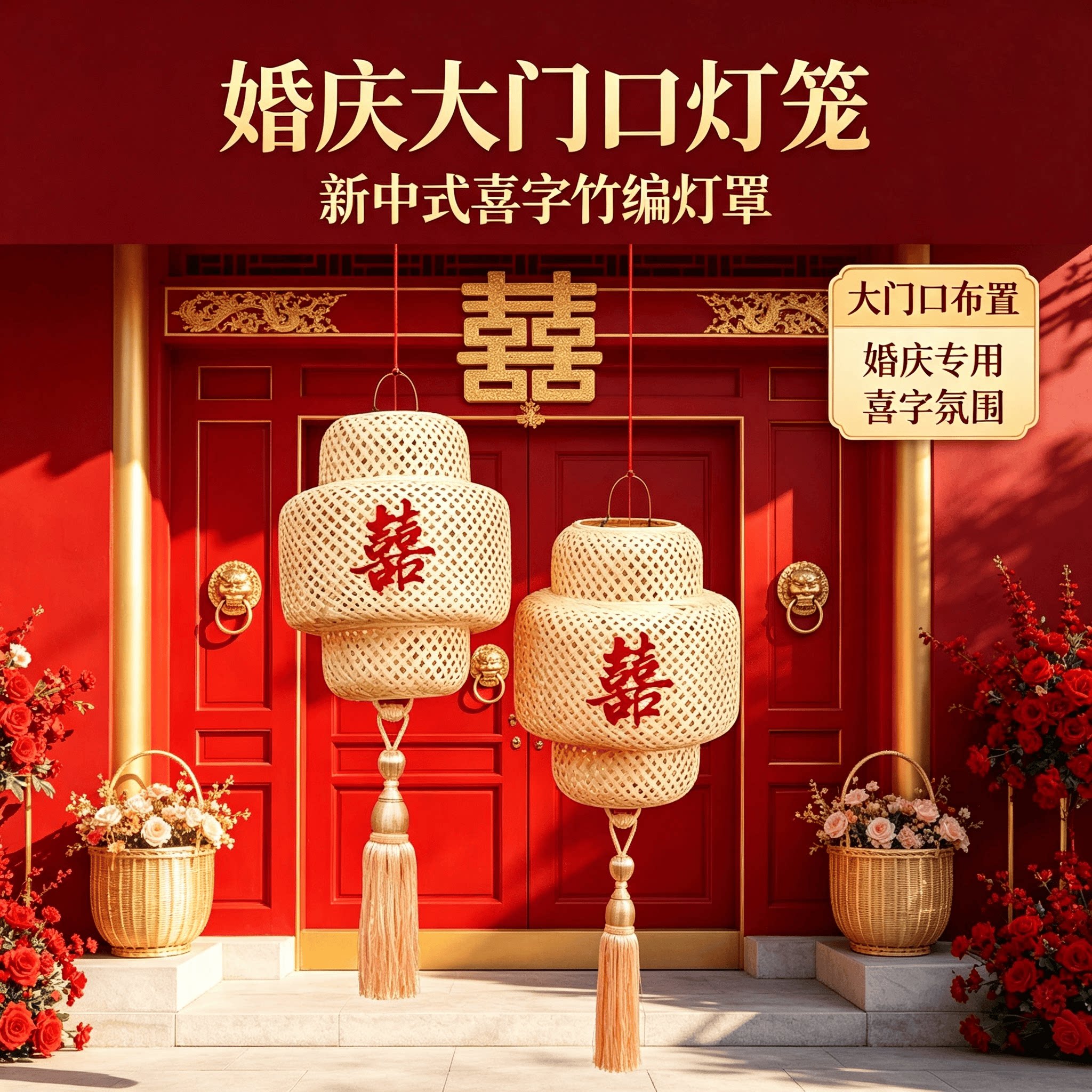 婚庆大门口灯笼禅意喜字竹编灯笼