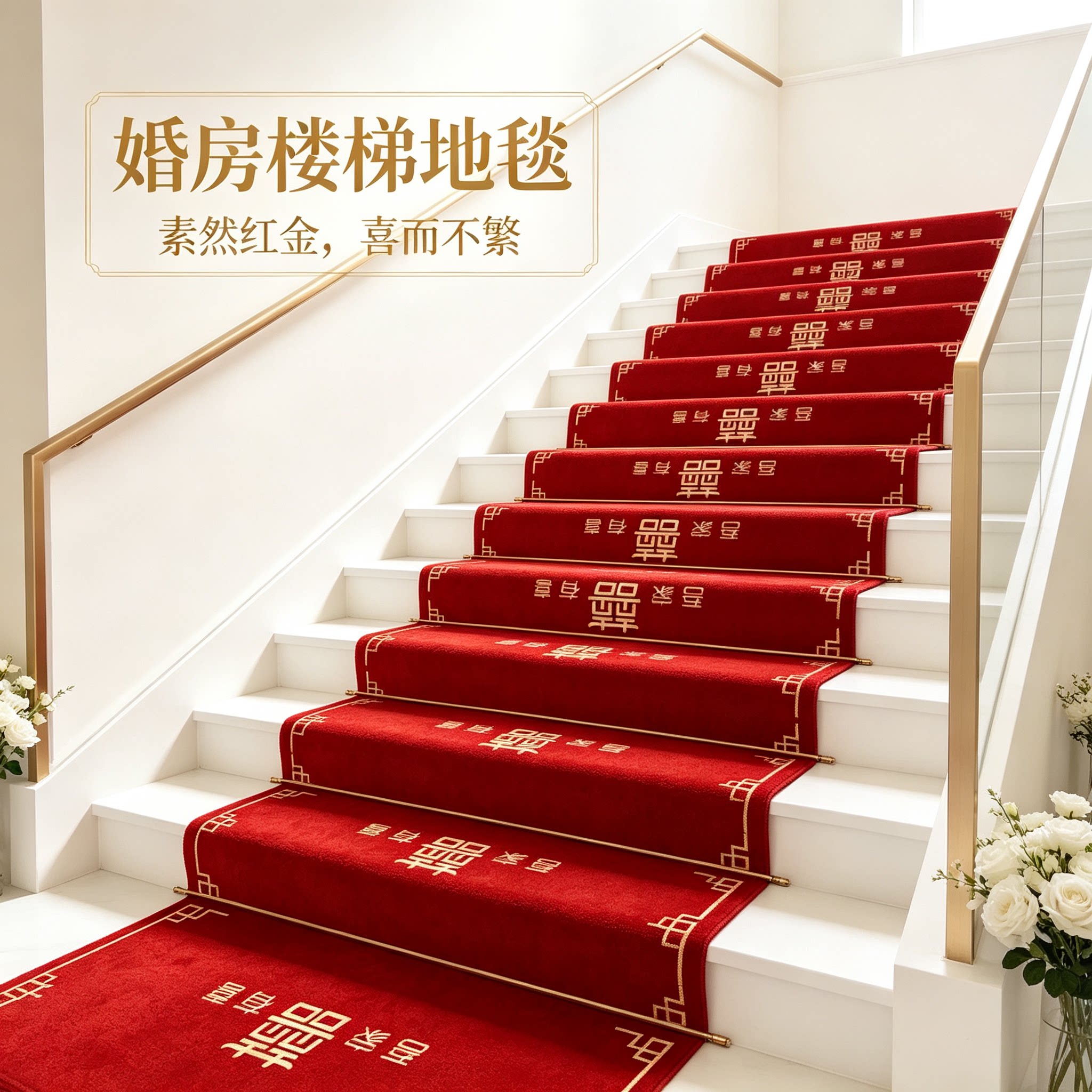 结婚楼梯喜字贴装饰男方婚礼扶手台阶踏步贴婚庆地垫婚房布置地毯