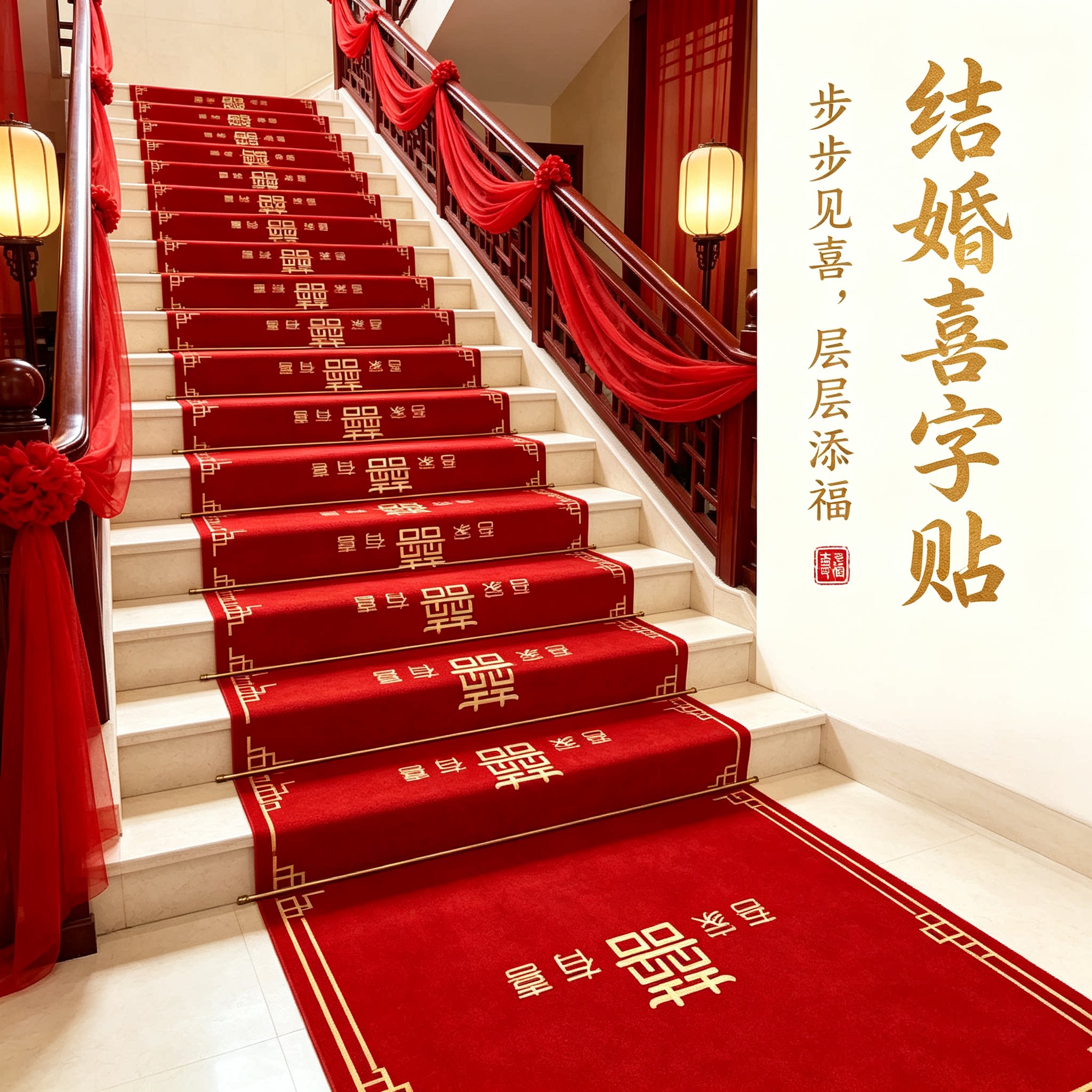 结婚楼梯喜字贴装饰男方婚礼扶手台阶踏步贴婚庆地垫婚房布置地毯