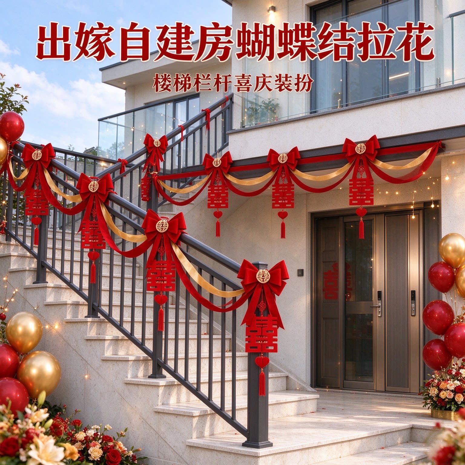 喜字拉花出嫁自建房蝴蝶结大气波浪客厅吊顶婚庆装饰婚礼布置用品