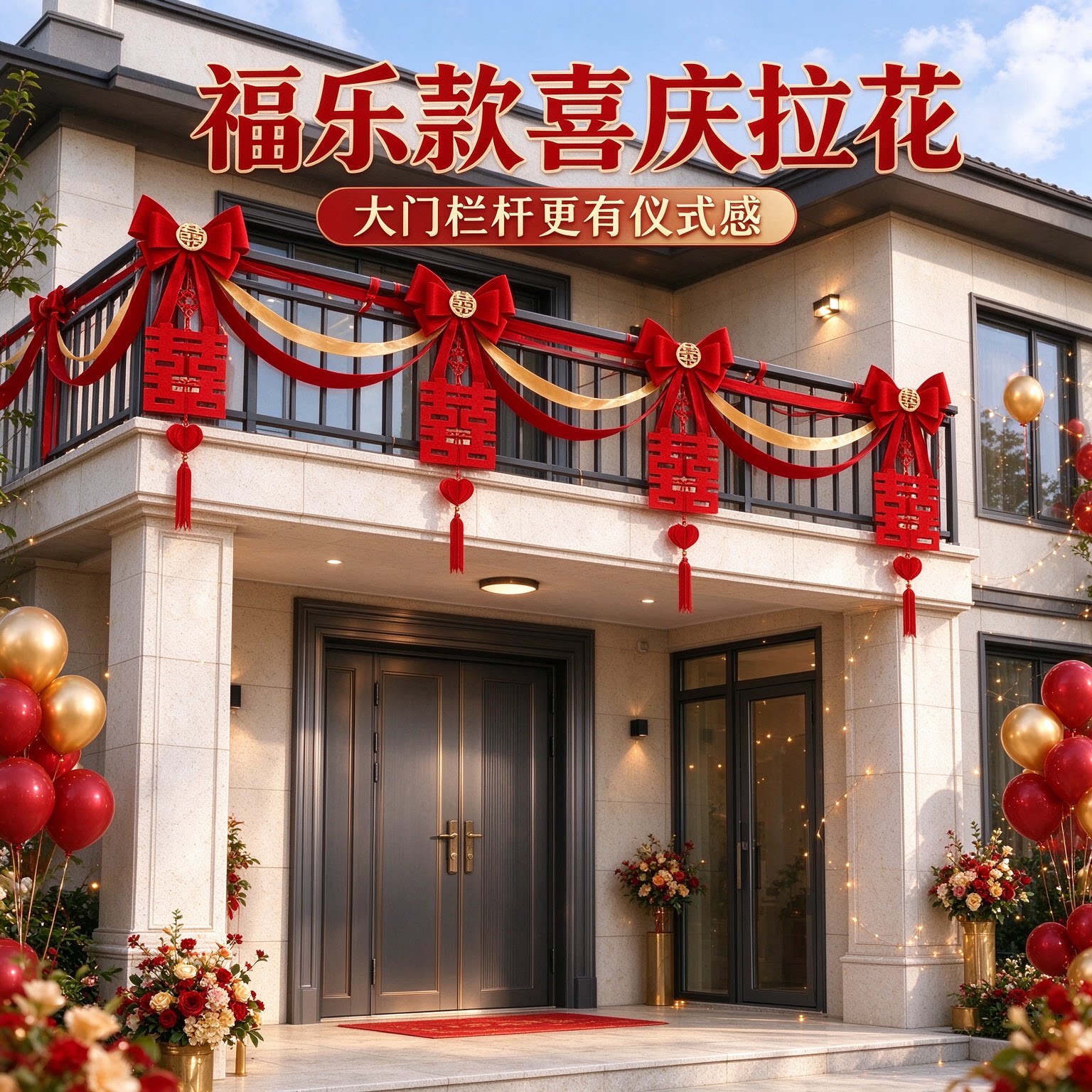 婚庆用品新人扶手长条喜字2026新款蝴蝶结房顶婚礼装扮婚房装饰品
